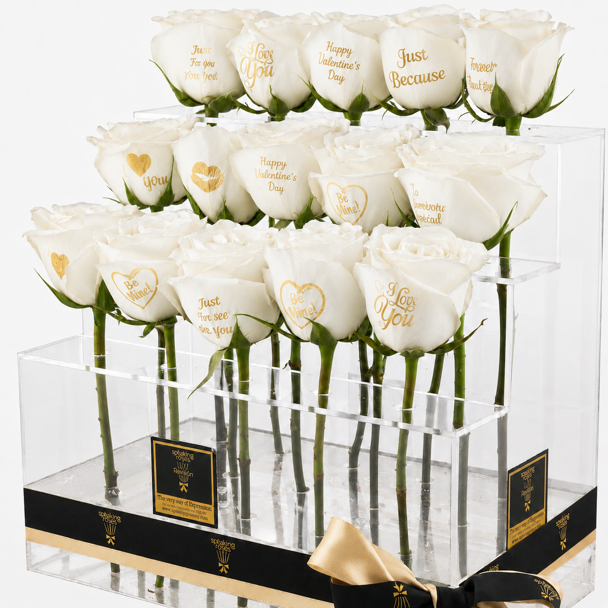 three_step_white Grand Expressions Red Rose Display Custom-Printed Roses in a Three step height - Image 1